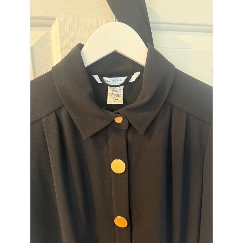 Diane Von Furstenberg Black Crepe Gold Button Down  Tie Belted Dress sz 8